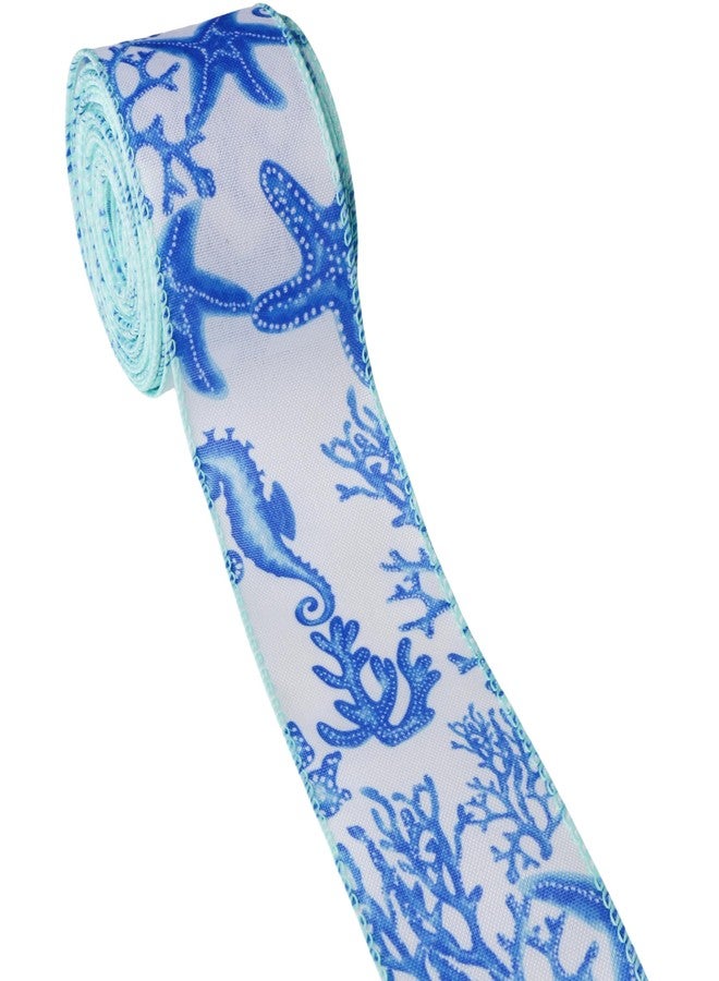 Meseey 10 Yards Spring Summer Ribbon Wired 2.5 Inch Sea Ocean Starfish Coral Beach Marine Ribbon for Party Gift Wrapping Outdoor Hanging Party Decoration Supplies (Blue Ribbon) - Image 4